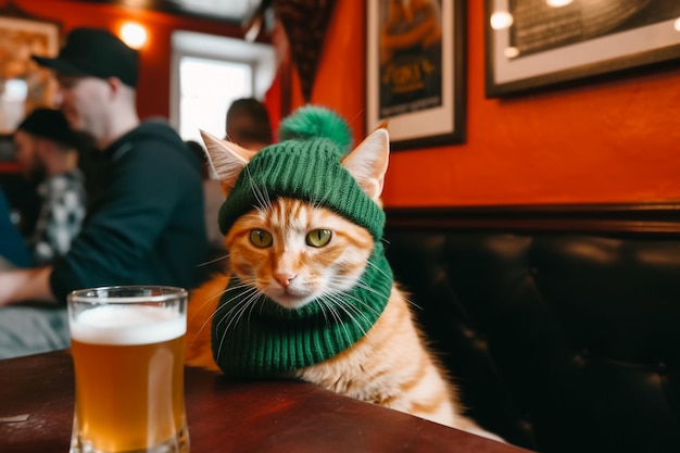 Gember schattig katje in grof gebreide muts in pub generatieve ai