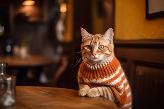 Gember schattig katje in grof gebreide muts in pub Generatieve AI