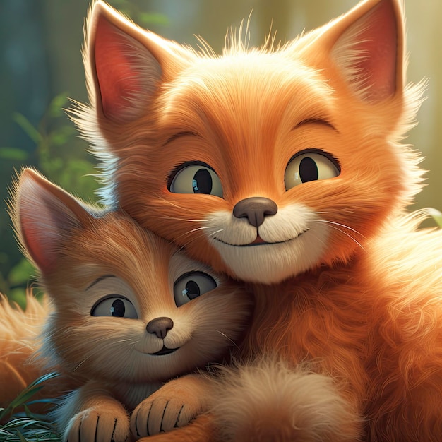 Gember schattige voswelp en pluizig klein katje teder knuffelen pixar-stijl liefde glanzende vacht grote heldere ogen pluizige staart glimlach sprookje gegenereerd ai