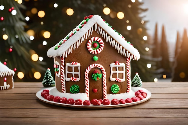 Gemberbroodhuis met snoepstokjes op een houten tafel