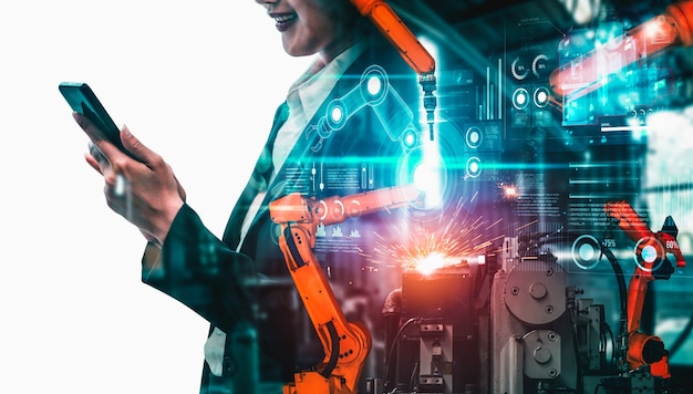 Gemechaniseerde industrie robotarm en fabrieksarbeider dubbele belichting