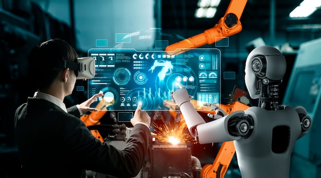Gemechaniseerde industrierobot en menselijke arbeider die in toekomstige fabriek samenwerken