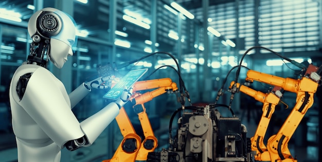 Gemechaniseerde industrierobot en robotarmen voor assemblage in fabrieksproductie.