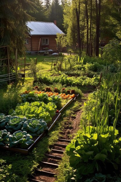 Gemeenschappelijke tuin die bloeit met verse groenten, gecreëerd met generatieve ai