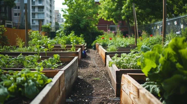 Gemeenschappelijke tuin in een stedelijke omgeving met rijen verhoogde bedden met verse producten