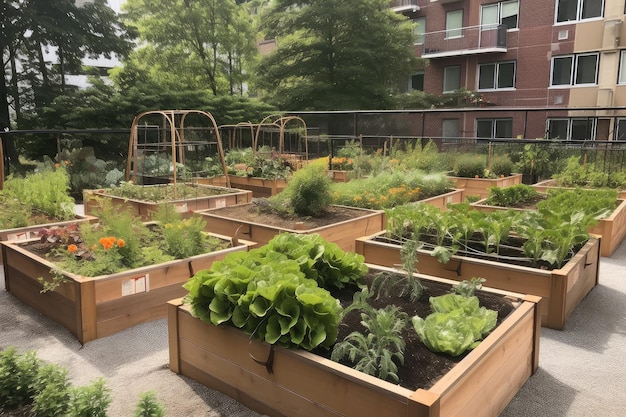 Gemeenschappelijke tuin met bedden van verse kruiden, groenten en fruit gemaakt met generatieve AI