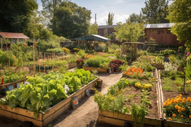 Gemeenschappelijke tuin met rijen groenten, kruiden en bloemen gecreëerd met generatieve ai