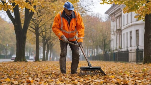 Gemeentelijke mannelijke werknemer in de leeftijd met behulp van fan rake om gevallen bladeren te verzamelen in de herfst lage hoek uitzicht op grijs