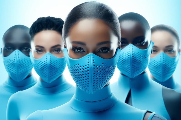 gemengd ras team van medisch personeel in gezichtsmaskers toekomst geneeskunde concept futuristische stijl
