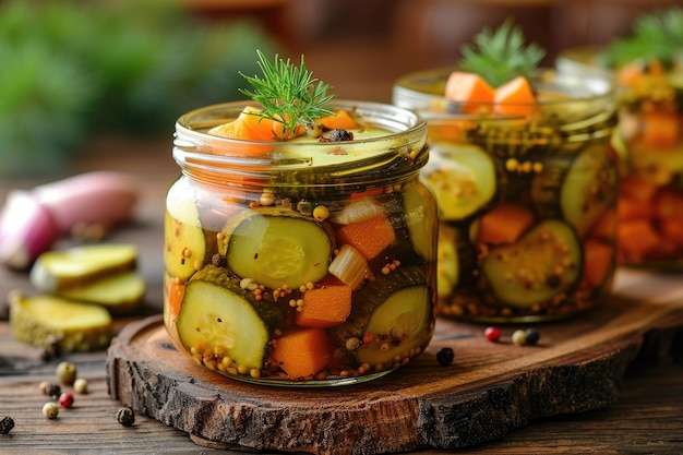 Foto gemengde augurkenpot in de keukentafel professionele reclamefotografie