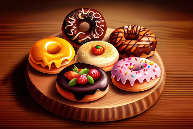 Gemengde donuts originele smaak chocolade marmelade en mooie toppings op houten achtergrond
