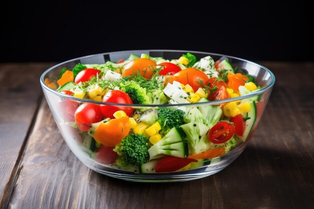 Gemengde groente salade in een doorzichtige glazen schaal