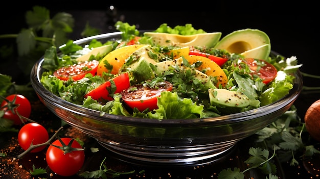 Gemengde salade in een glazen kom op een zwarte achtergrond