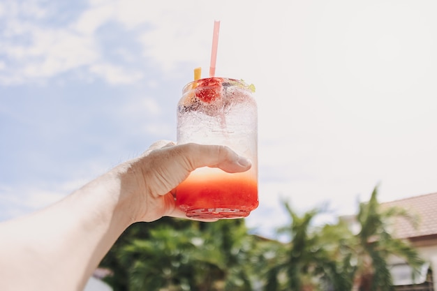 Gemengde vruchten roze frisdrank tegen de zonnige hemel van de zomer