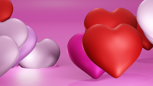 Gemengde zoete harten vallen in roze water 3D-rendering