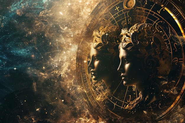 Gemini zodiac sign against horoscope wheel