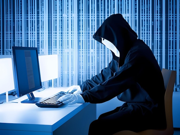 Gemoderniseerde hacker met hoodie Concept van dark web cybercriminaliteit cyberaanval AI gegenereerd beeld