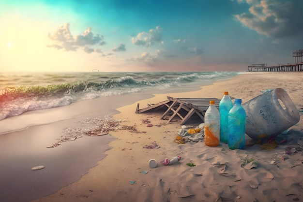 Gemorst afval op het strand van de grote stad Lege gebruikte vuile plastic flessen Vuile zee zandkust de Zwarte Zee Milieuvervuiling Ecologisch probleem Neuraal netwerk AI gegenereerd