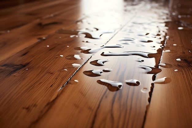 Gemorste waterdruppels op waterdichte houten vloeren Generatieve Ai