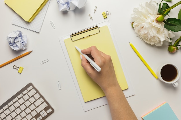 Gemotiveerde jonge vrouw die haar strategie plant en in een notitieboekje schrijft