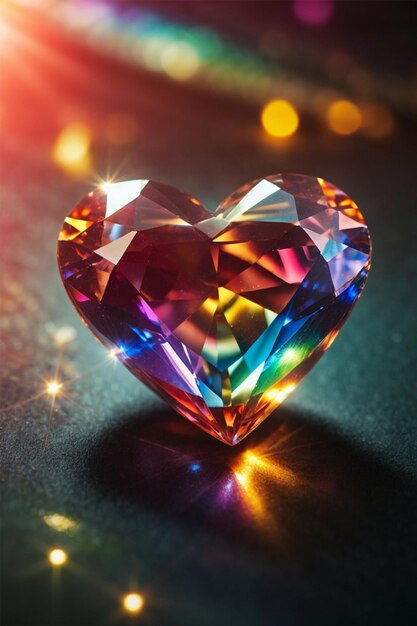 Gemstone heart on a black background with colorful bokeh