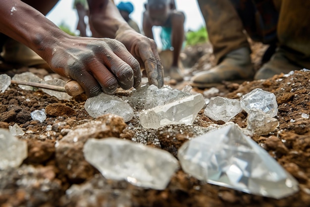 Gemstone mining techniques Miners in remote locations equipped with traditional tools searching for