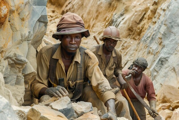 Photo gemstone mining techniques miners in remote locations equipped with traditional tools searching for