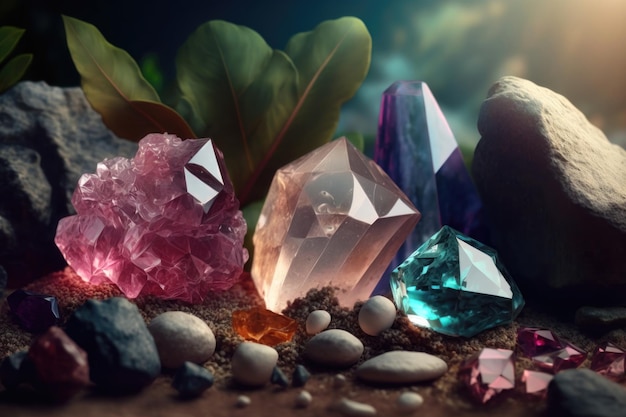 Gemstones crystal minerals on mysterious nature background AI generation