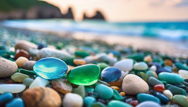 Photo gemstones and sea glass glisten on the sandy beach showcasing nature's hidden treasures by the shor