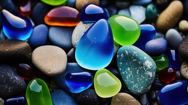 Photo gemstones in various colors lying on the beach