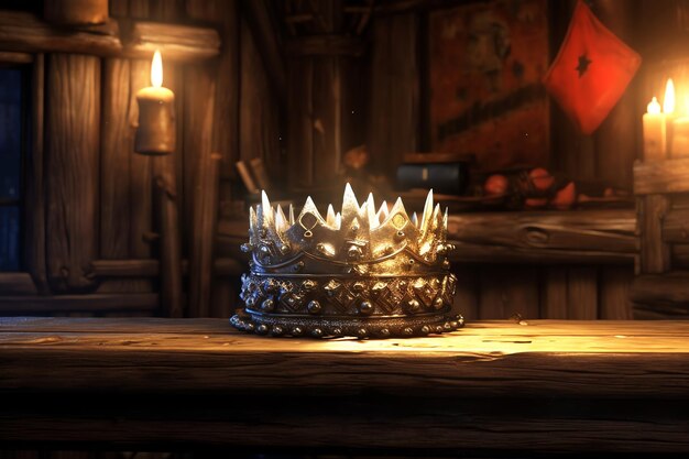 A gemstudded crown in a humble wooden cabin