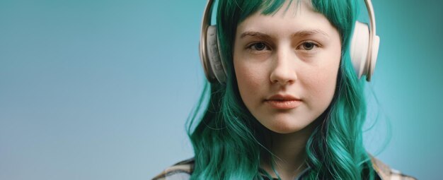 Gen Z beautiful young woman portrait Teenager with green hair listens music in headphones banner