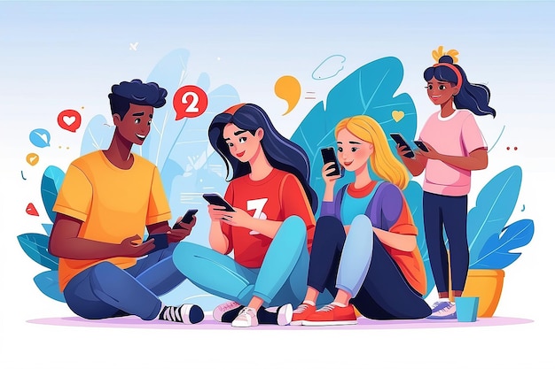 Gen Z communication flat concept vector illustration Young people with smartphones 2D cartoon characters for web design