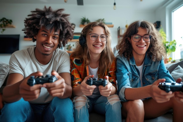 Foto amici della gen z che giocano a un videogioco con la console amici della gen z che giocano a un videogioco con la console