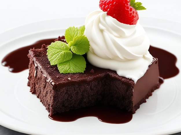 Genadig chocolade dessert op bord met slagroom ai gegenereerd
