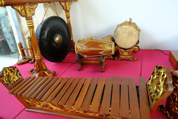 gendang, gong, saron is gamelan or Java Bali percussion instruments. Traditional musical. Degung.