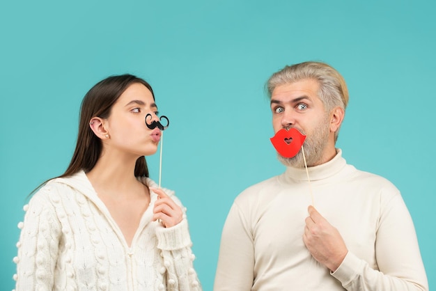 Gender concept diversity and human rights couple of woman with moustache and man with red lips gende