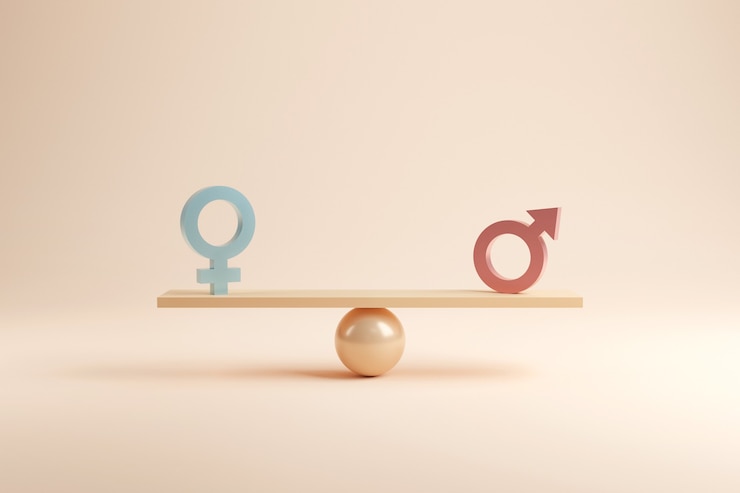 Photo gender equality concept. male and female symbol on the scales with balance.