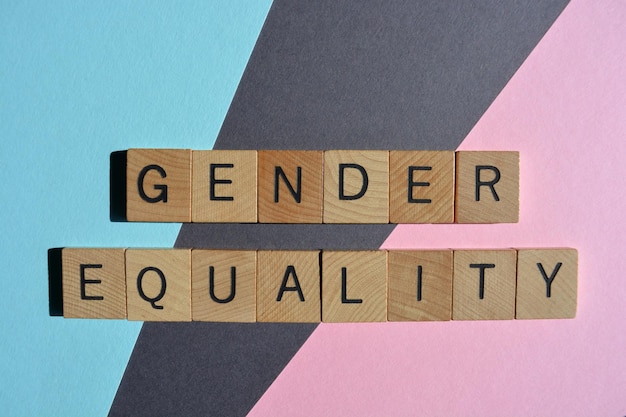 Photo gender equality words in wooden alphabet letters isolated on pink blue and grey background