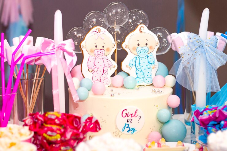 Photo gender party. boy or girl. cake and sweets with the inscription boy or girl.