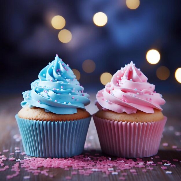 Gender party boy or girl two cupcakes with blue and pink cream celebration concept when the gende