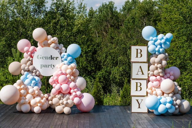 Gender party decorations background Babyshower celebrations Happy day for parents