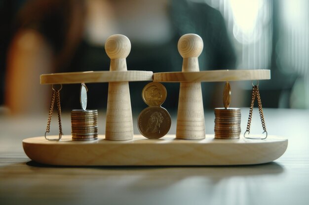 Gender pay gap illustrated with wooden figures and coins