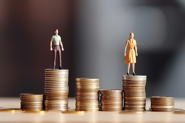 Gender pay gap inequality business man and woman on a stack of coins generative ai