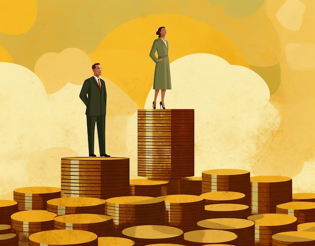 Гендерный разрыв в оплате труда, деловой мужчина и женщина на стопке монет, генеративный ай