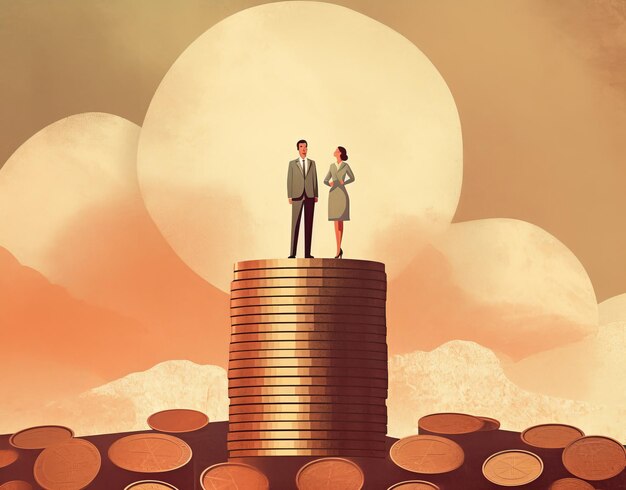 Gender pay gap inequality business man and woman on a stack of coins generative ai