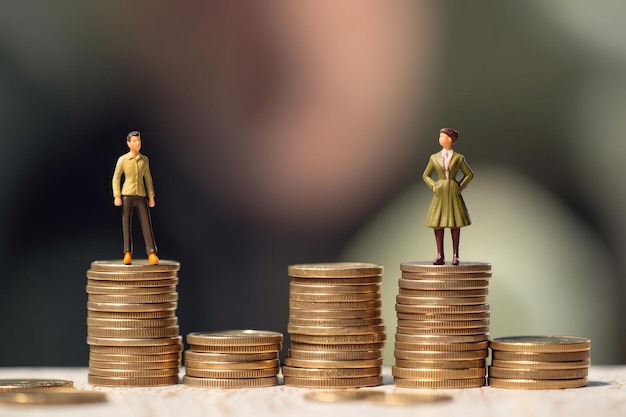 Photo gender pay gap inequality business man and woman on a stack of coins generative ai