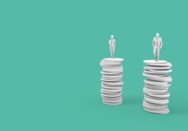 Gender pay gelijkheid concept man en vrouw op een stapel munten 3D Rendering