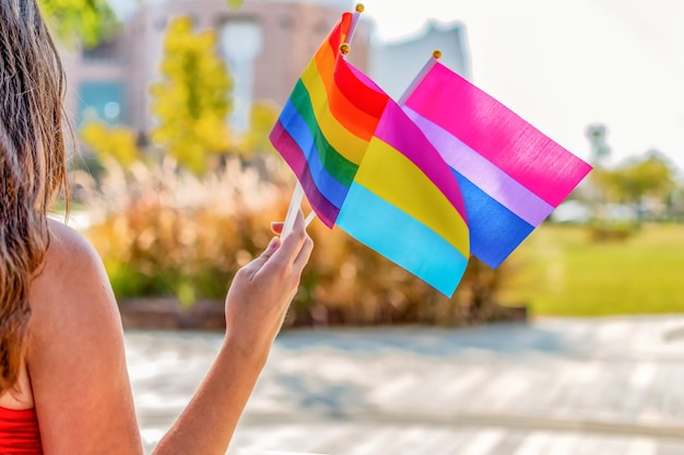 Gender queer LGBTQ flag Bisexual flag Pan sexual flag Selective focus