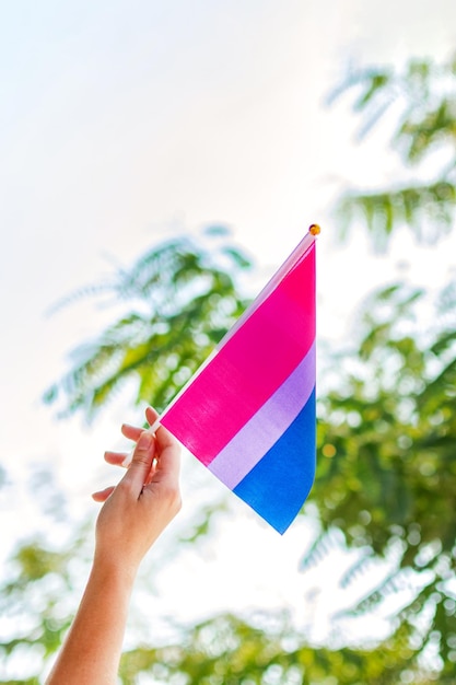 Gender queer Vrouwelijke hand met biseksuele trotsvlag Selectieve focus